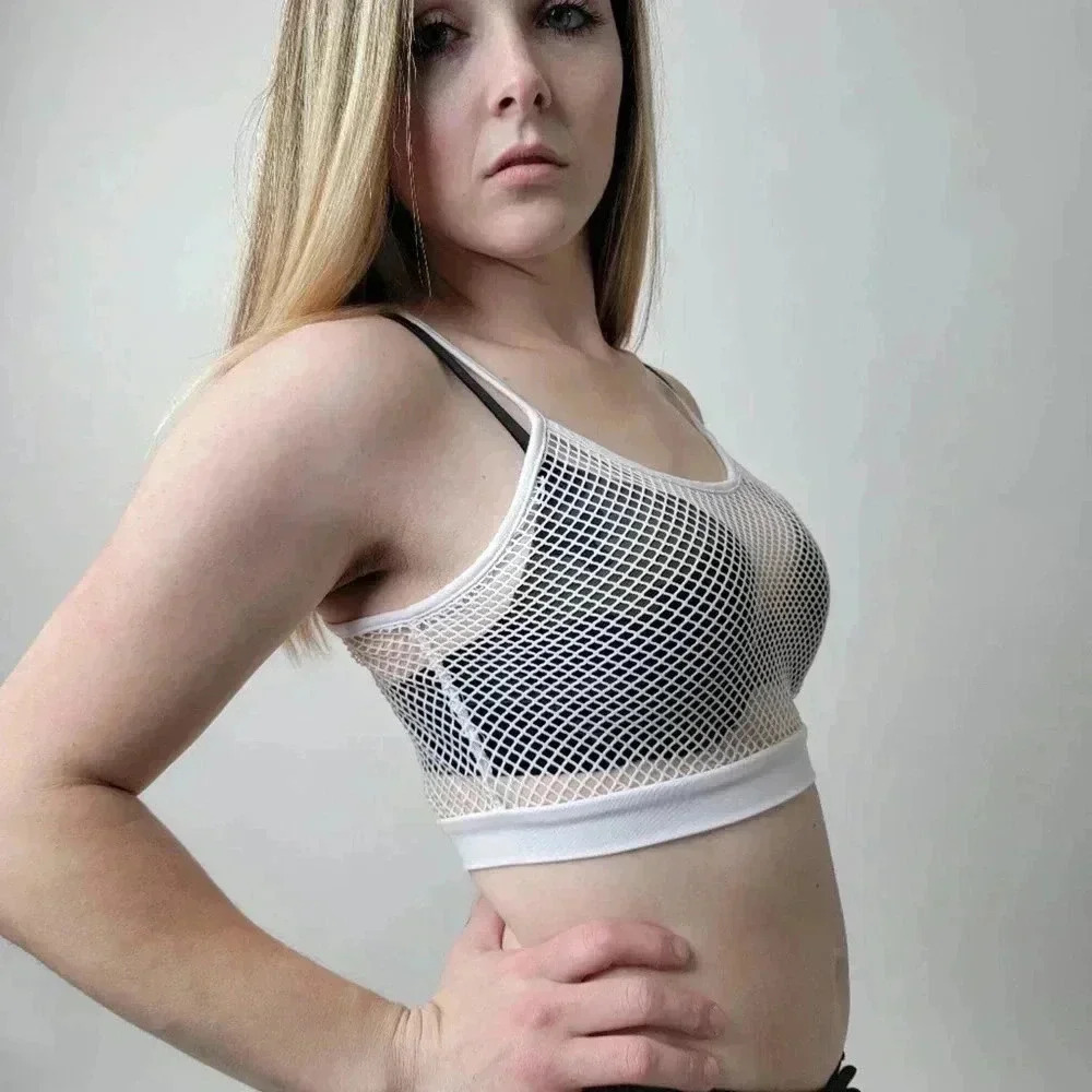 White fishnet crop tank top sheer mesh rave yoga - Picture 1 of 5